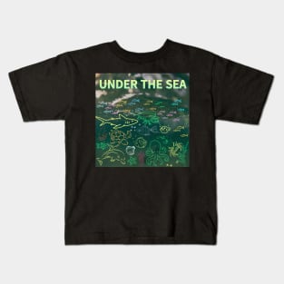 under the sea,blue sea,sea creatures,Turtle, puffer fish, starfish, shrimp, shark, tropical fish, sea horse, seaweed, sardines, squid, crabs, clams Kids T-Shirt